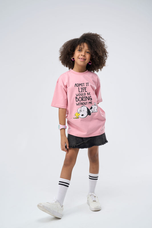 Child wearing a Casmere Pink printed Oversized T-Shirt